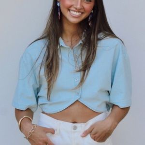 Mabel Cropped Jean Chambray Button Up Shirt